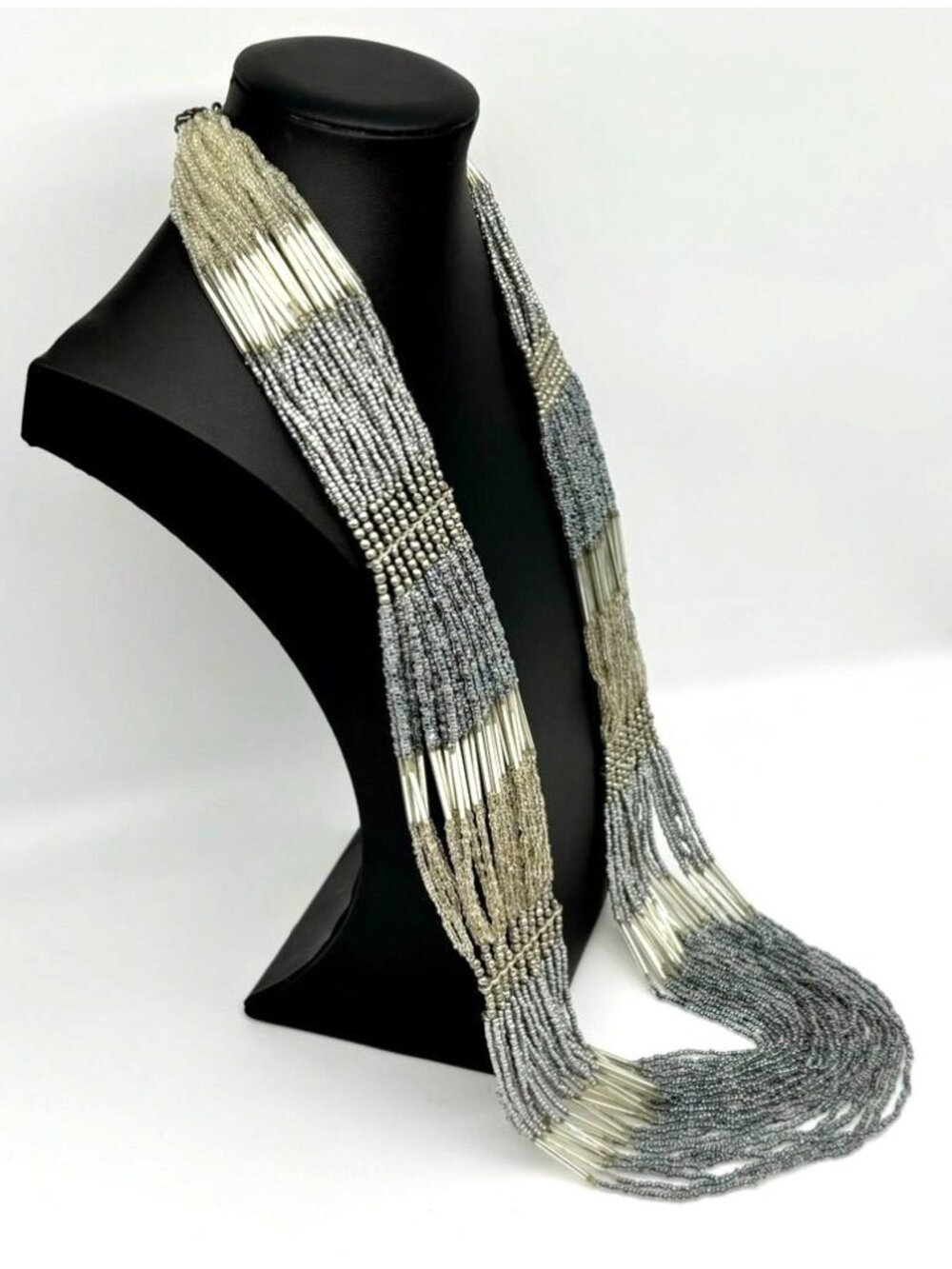 Vintage Ann Taylor Loft Multi-Strand Seed Bugle Beaded Long Necklace Silver Blue